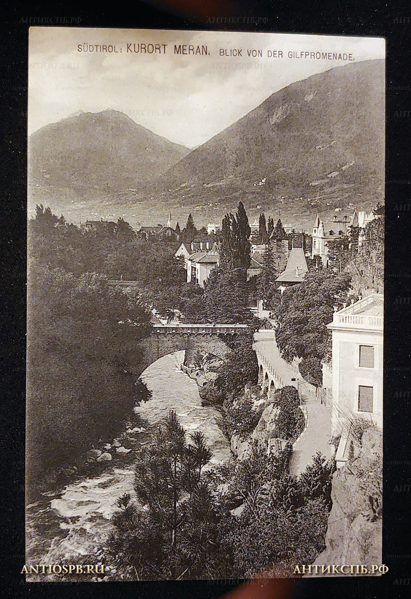 Открытка старинная "Sudtirol Meran. Blick von der Gilfpromenade". Южный Тироль-Мерано. Вид с набережной Гильф. Италия. Нач. ХХ века. №7512